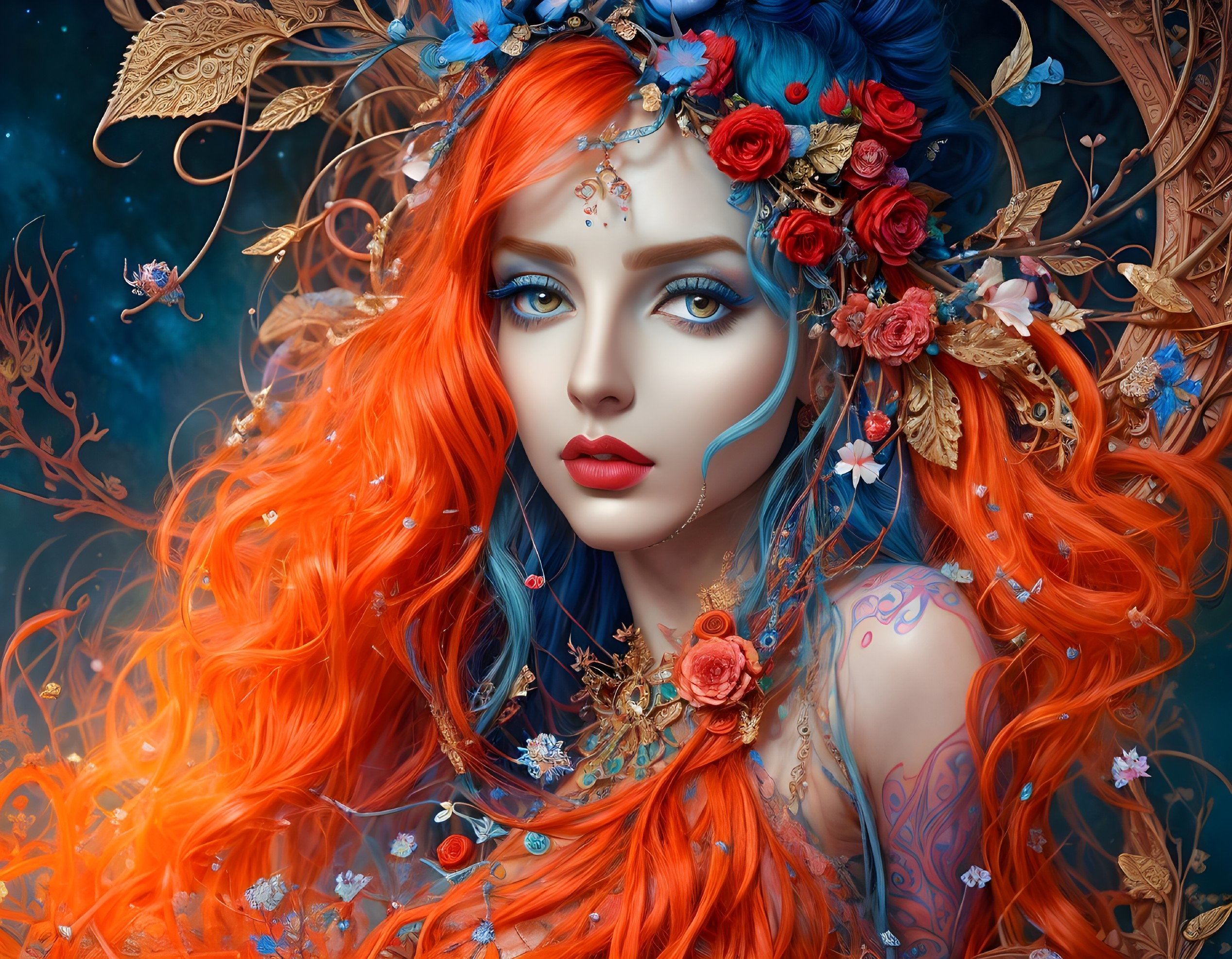 Vivid red hair woman with floral headdress on mystical blue backdrop