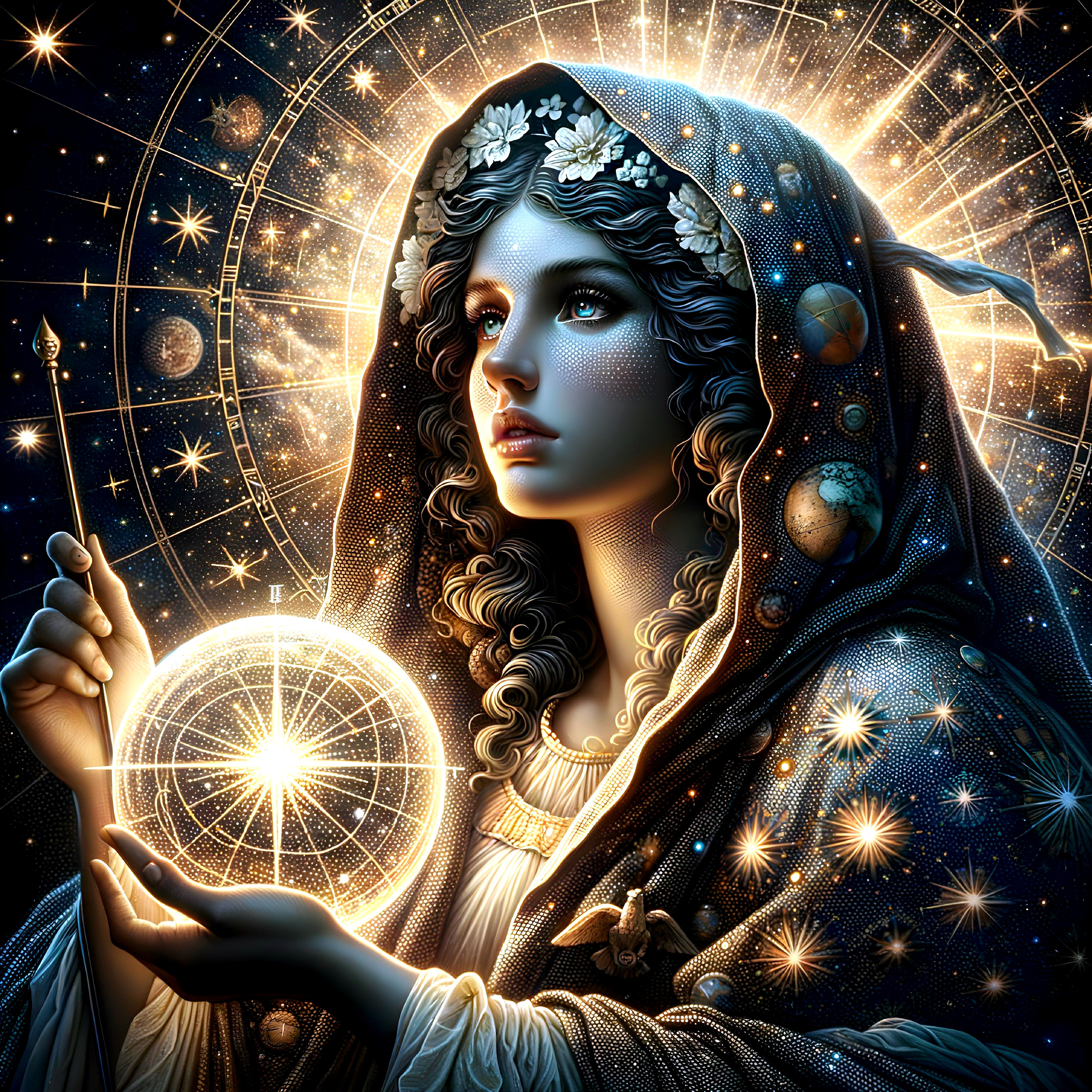 Mystical Woman with Starry Cloak and Glowing Orb