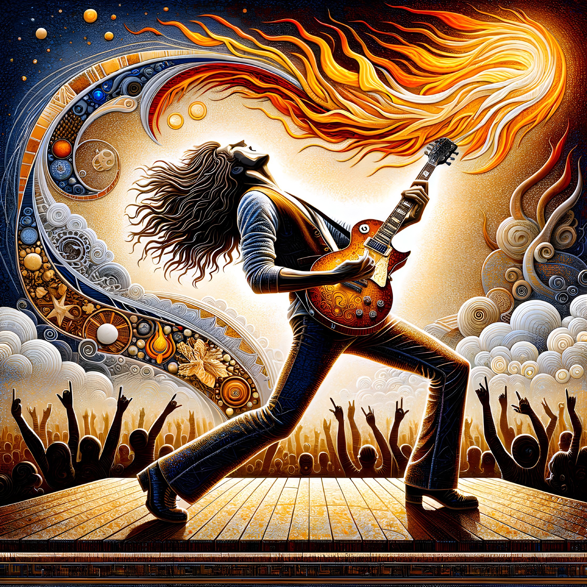 Animated guitarist with flaming hair on stage