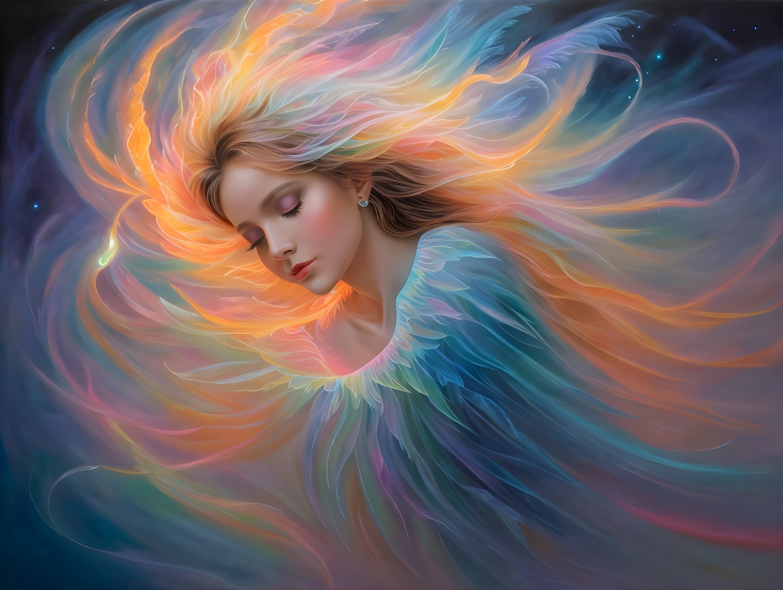 Vibrant woman with flowing hair and feathers in cosmic backdrop