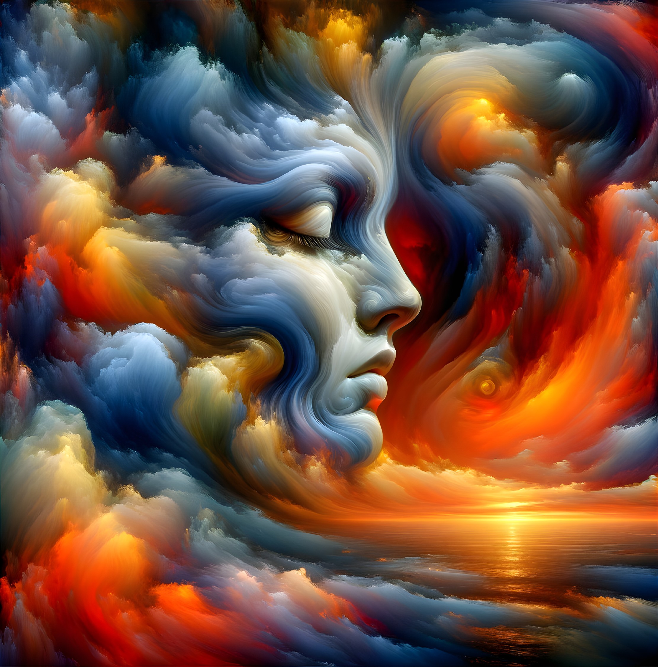 Surreal artwork: woman's face merges with swirling clouds at sunset