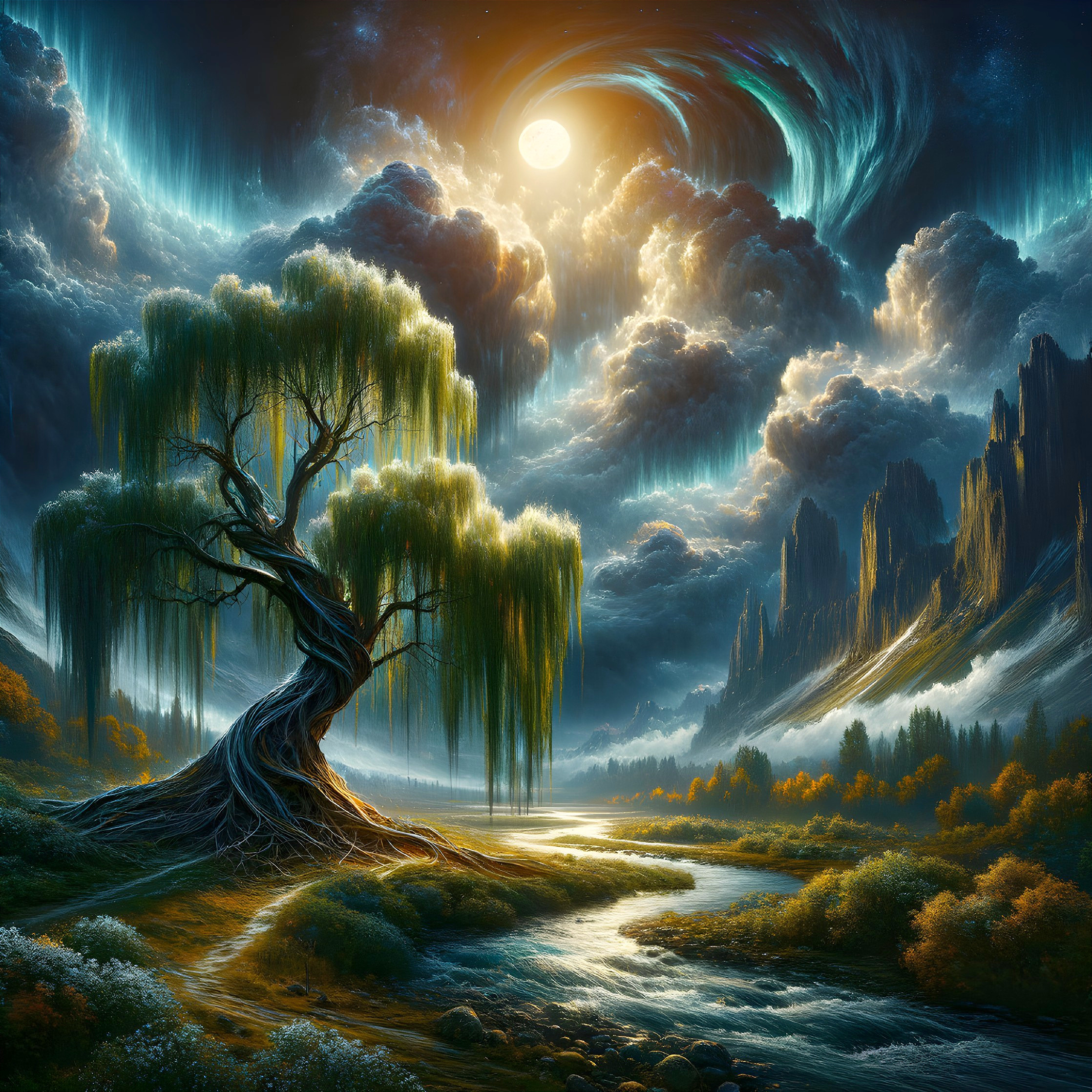 Majestic weeping willow by serene river under northern lights