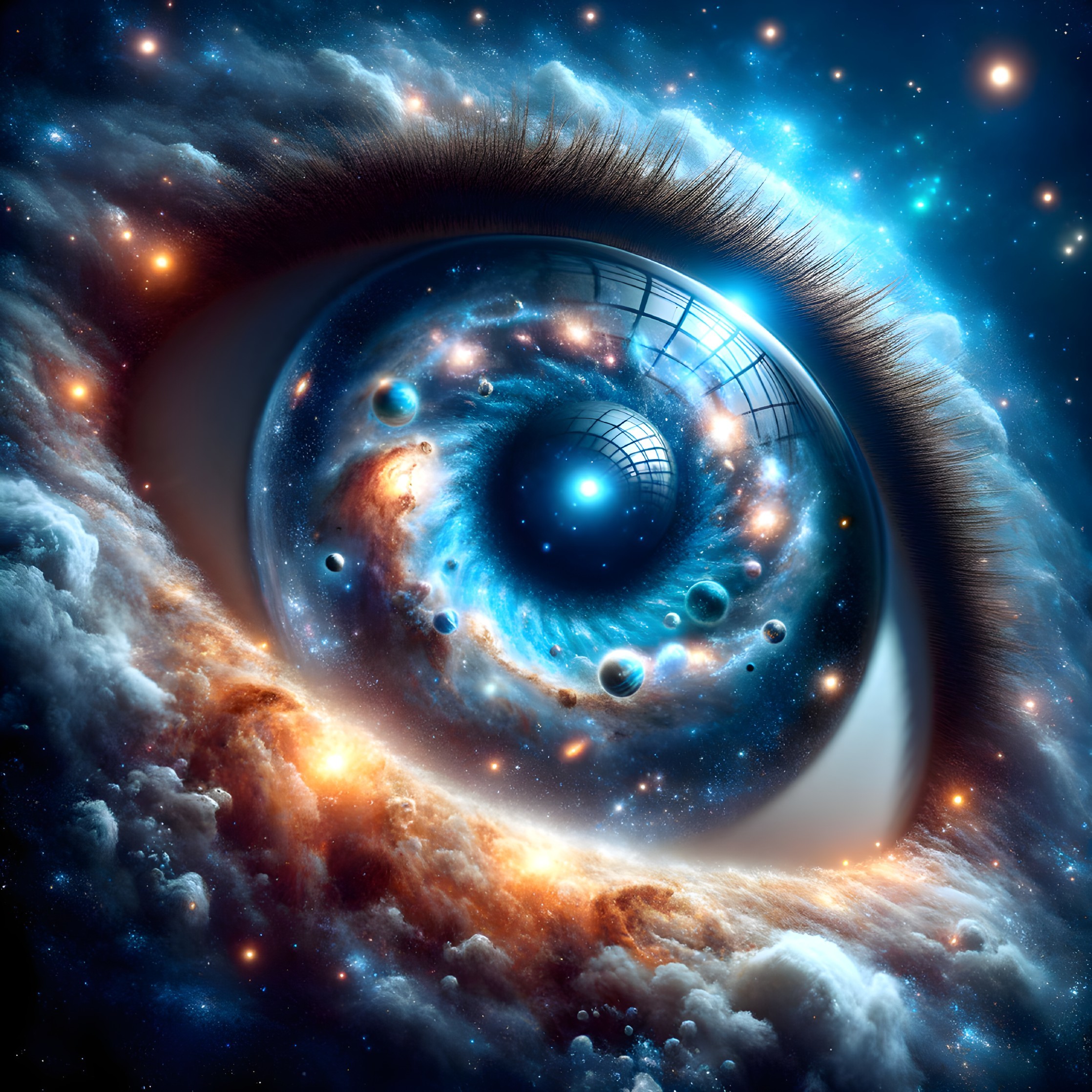 Human eye merged with cosmic scene: galaxies, stars, nebulae.