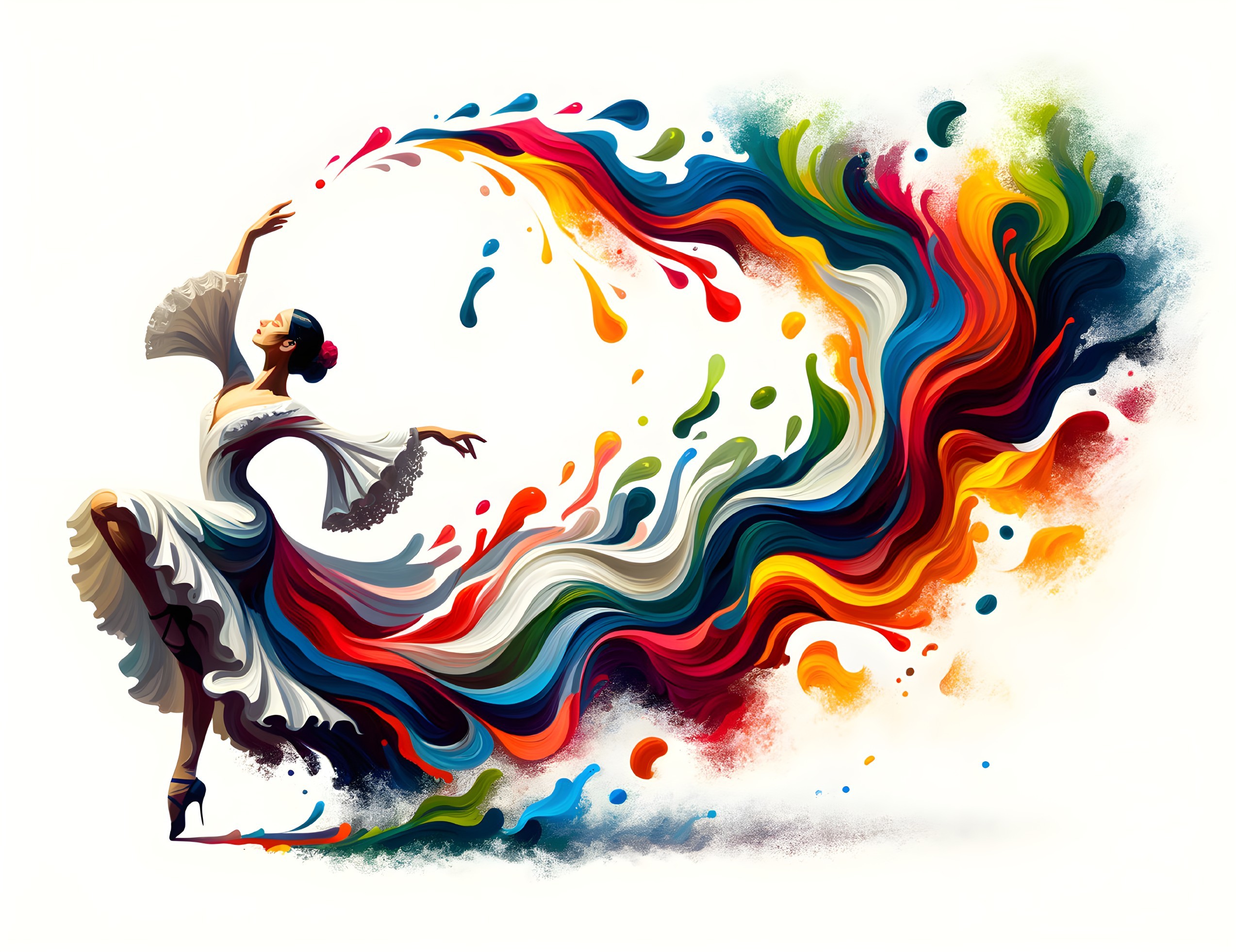 Colorful dancer illustration transforming into abstract patterns