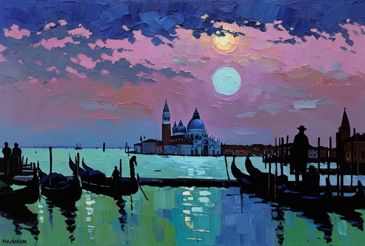 Impressionistic Venice Scene at Dusk with Colorful Sky