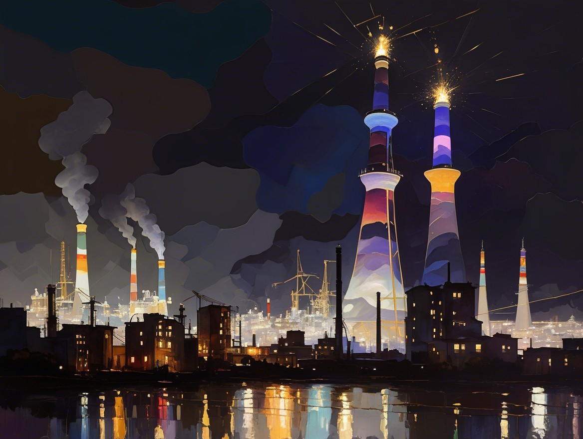 Vibrant Night Scene of Illuminated Smokestacks and Water