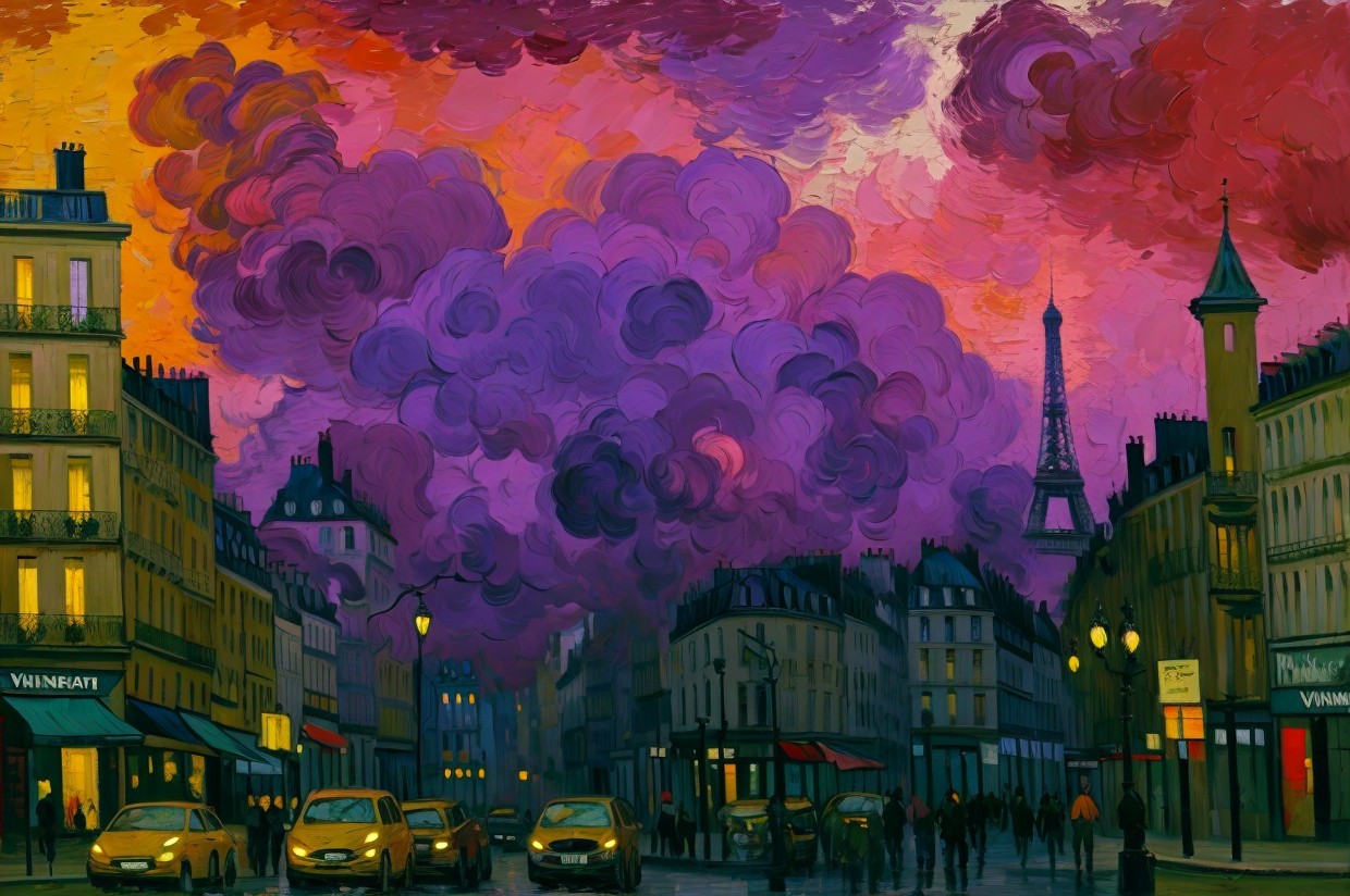 Vibrant Sunset Over Parisian Street with Eiffel Tower