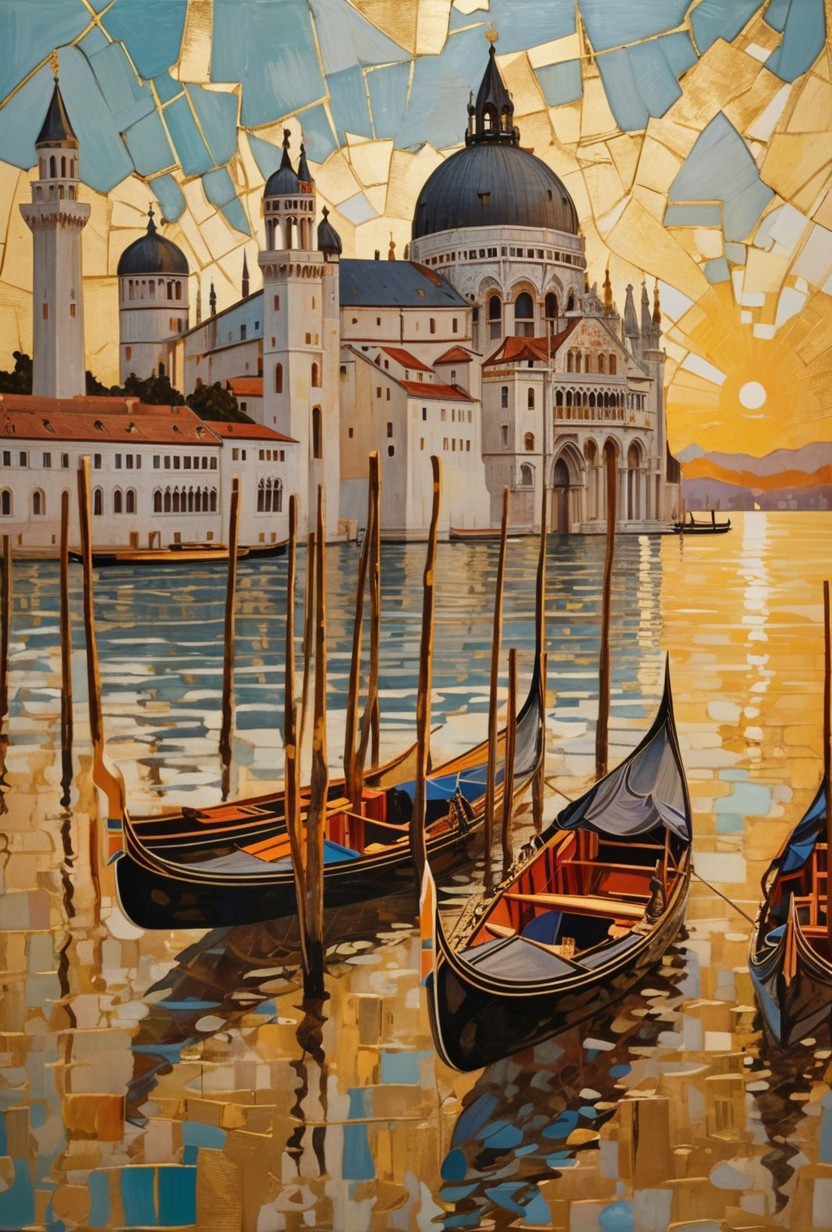 Stylized Venetian Landscape at Sunset with Gondolas