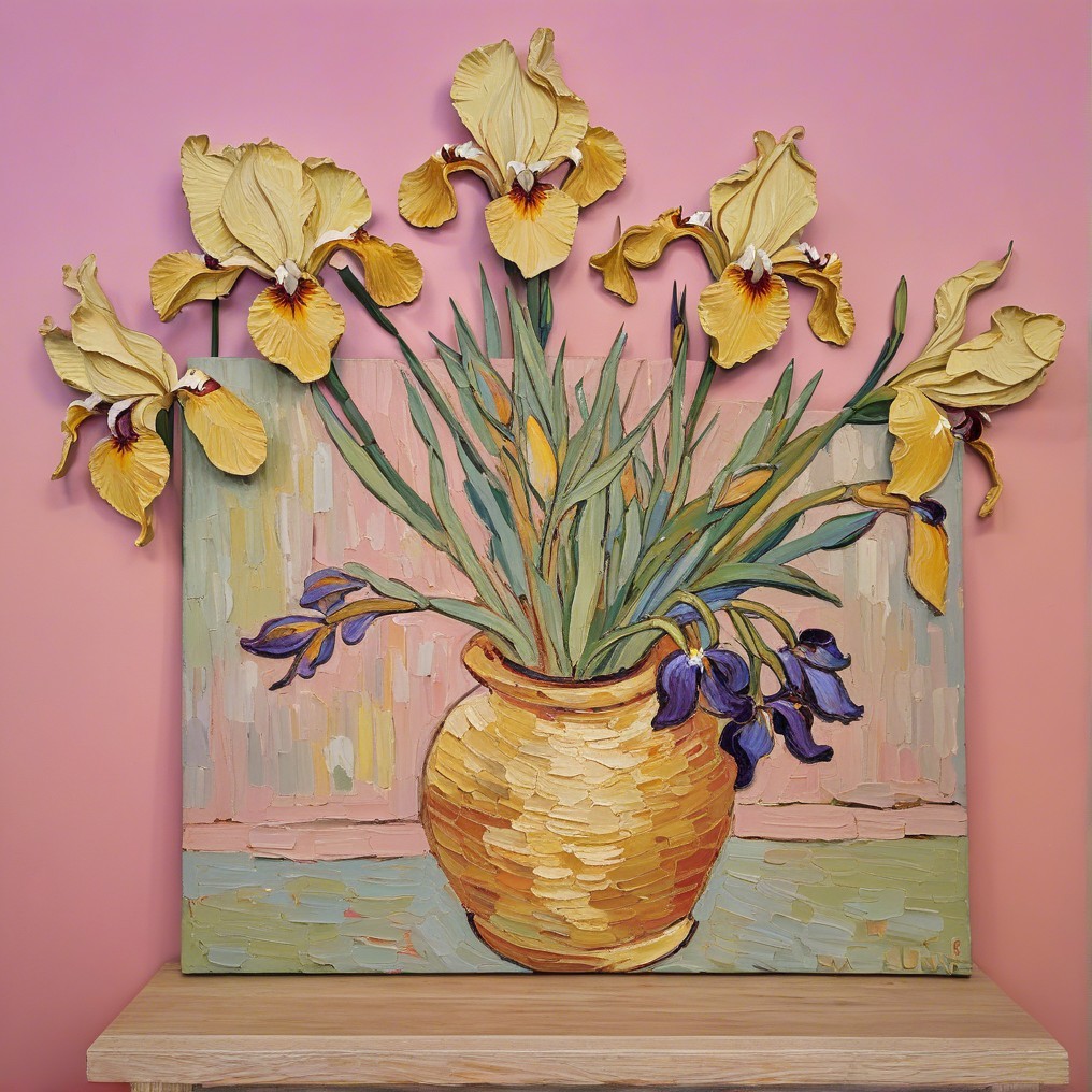 Vibrant Still Life of Yellow Irises and Blue Flowers