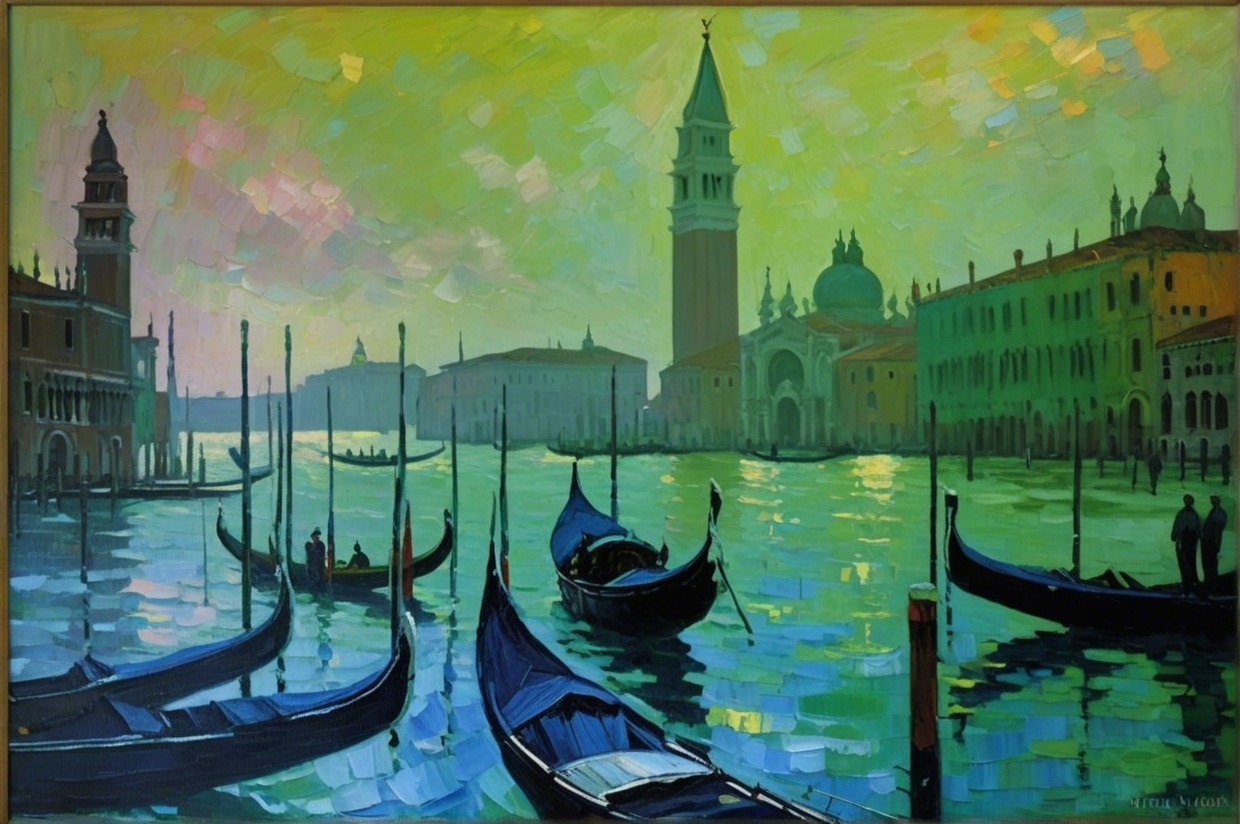 Serene Venetian Canal Scene at Dusk with Gondolas