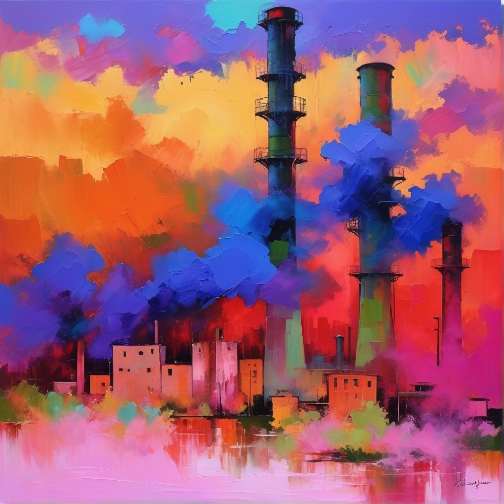 Abstract Industrial Scene with Colorful Smoke and Sunset