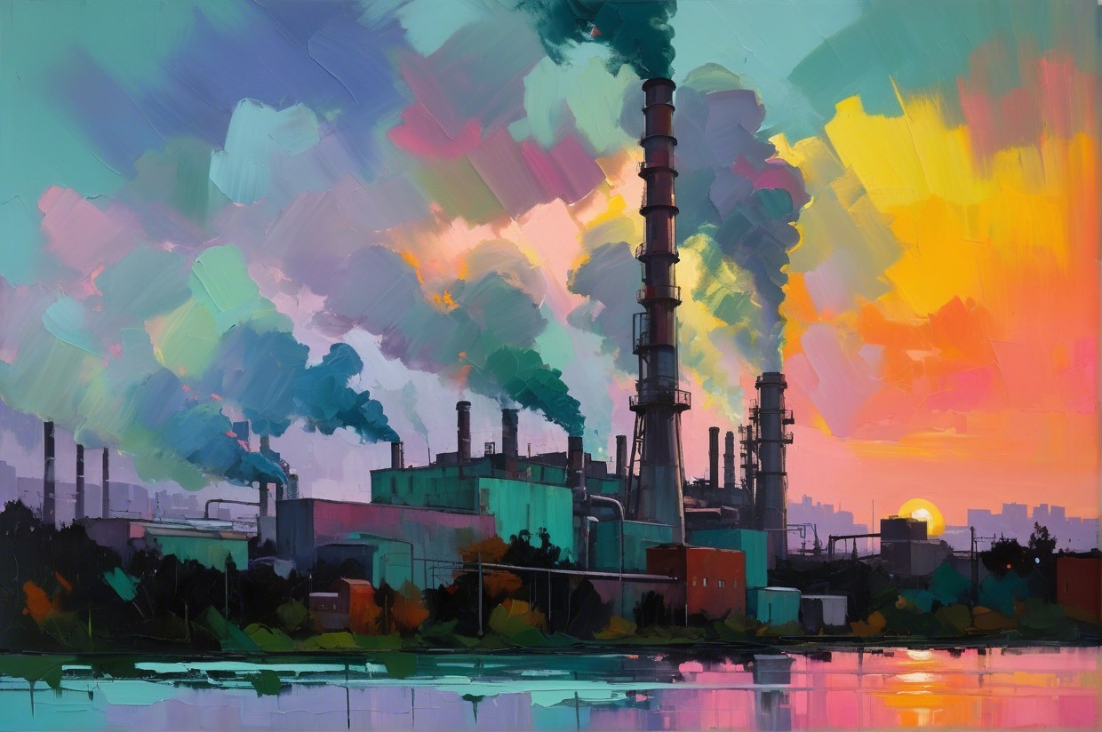 Industrial Landscape at Sunset with Smoky Chimneys