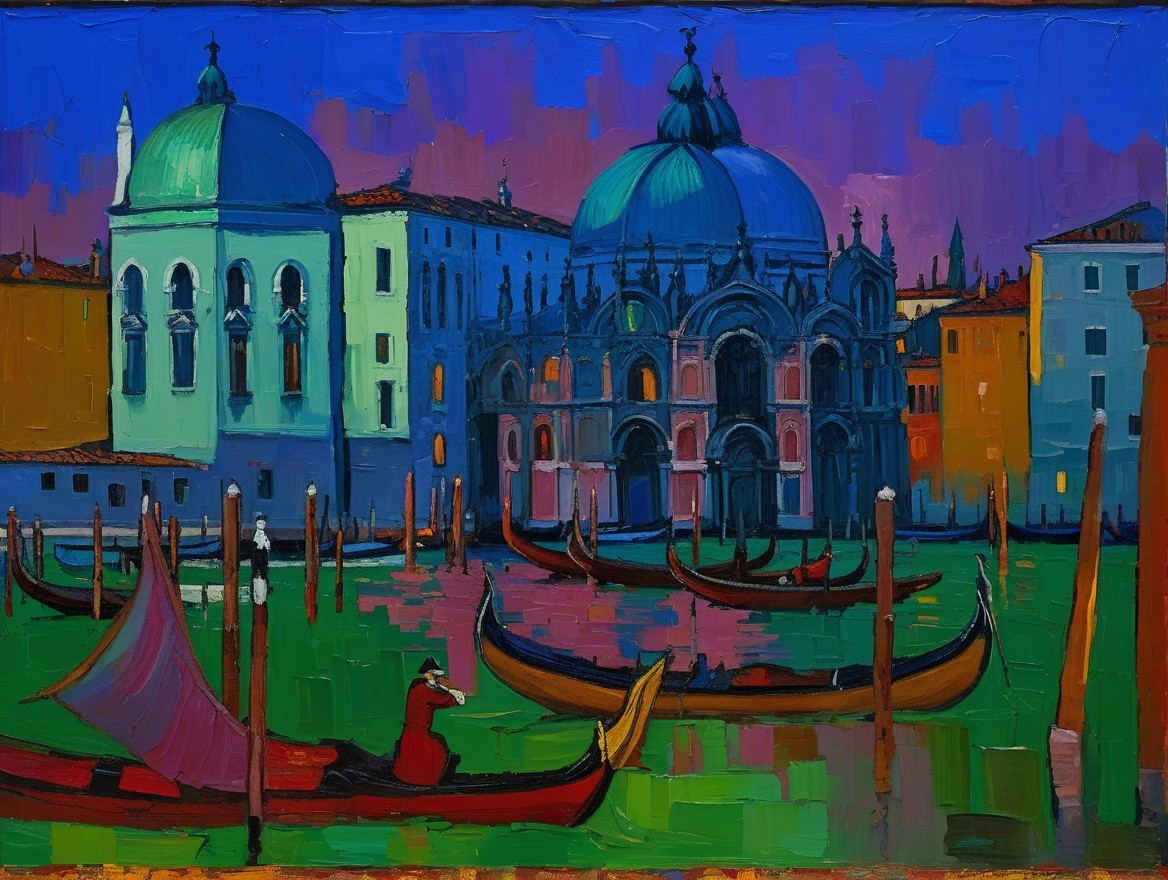 Impressionistic Venetian Scene at Dusk with Gondolas