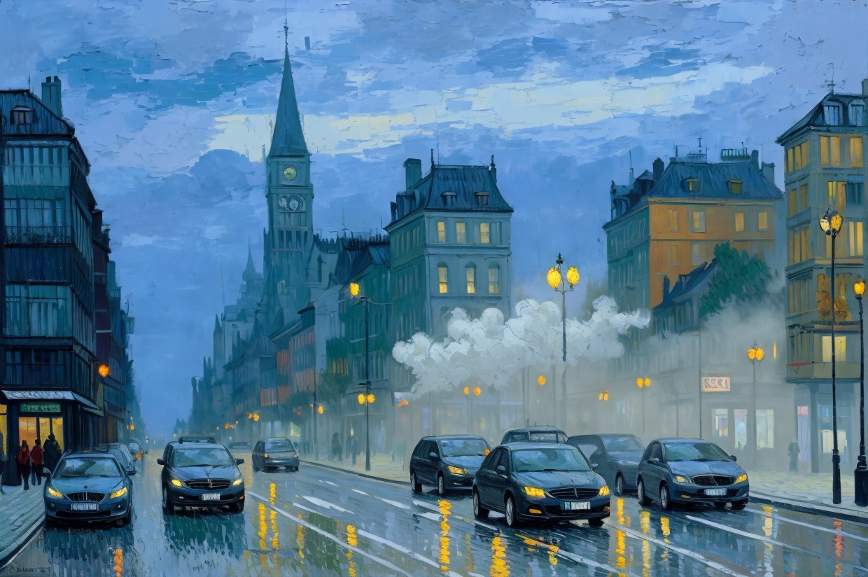 Twilight City Scene with Cars and Clock Tower