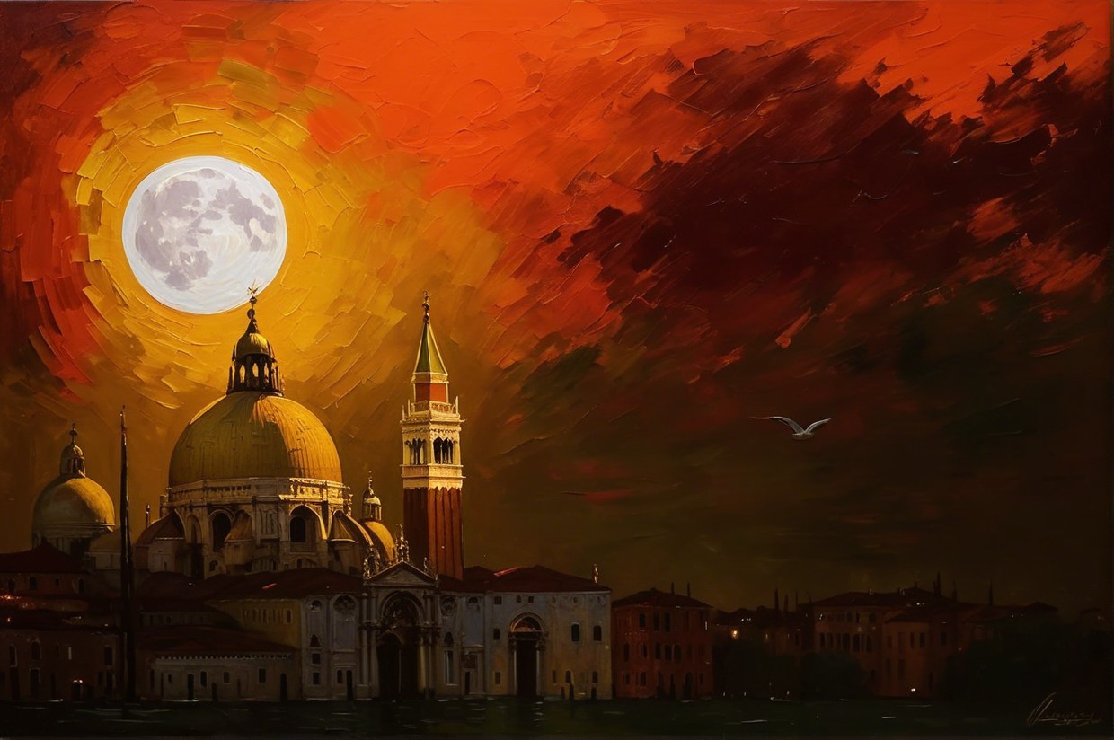 Sunset over Venetian skyline with moonrise and bird