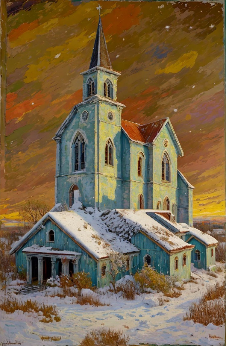 Serene Winter Landscape with Vintage Church and Sunset