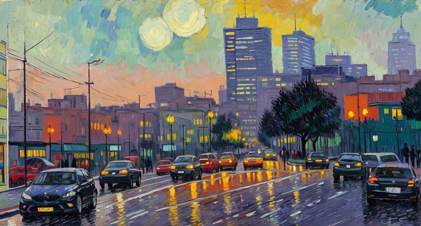 Vibrant Cityscape at Dusk with Colorful Reflections