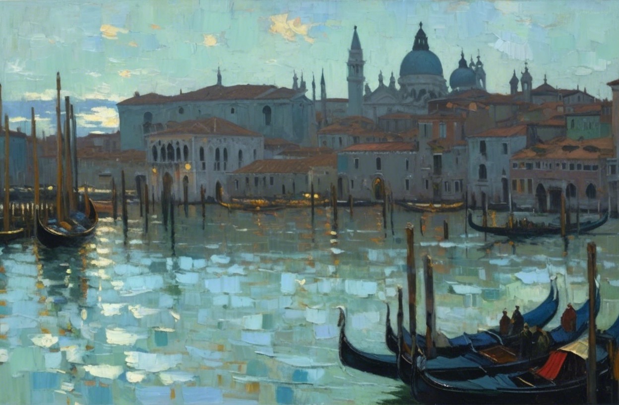 Twilight Scene of Gondolas in Venice Waters