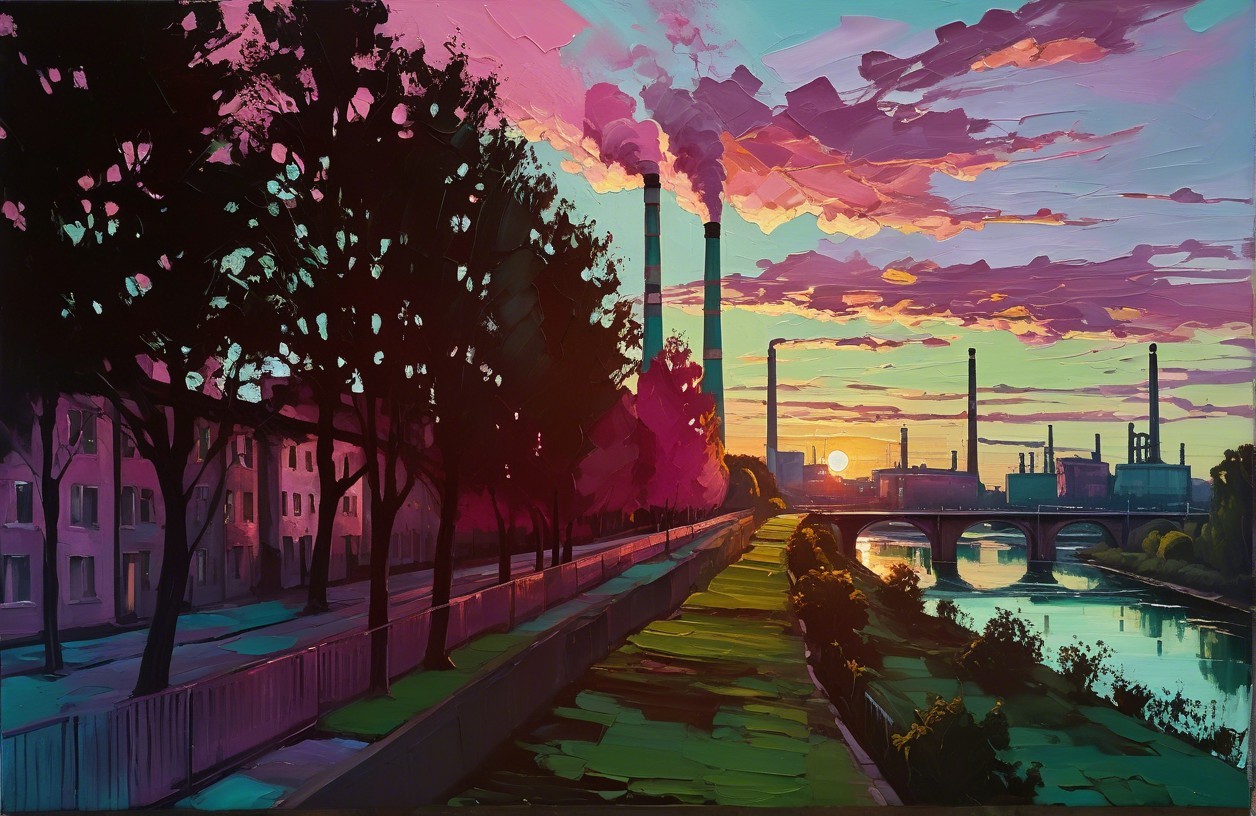 Vibrant Industrial Landscape at Sunset with Riverbank