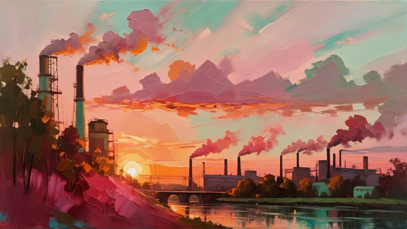 Vibrant Industrial Landscape at Sunset with Smokestacks