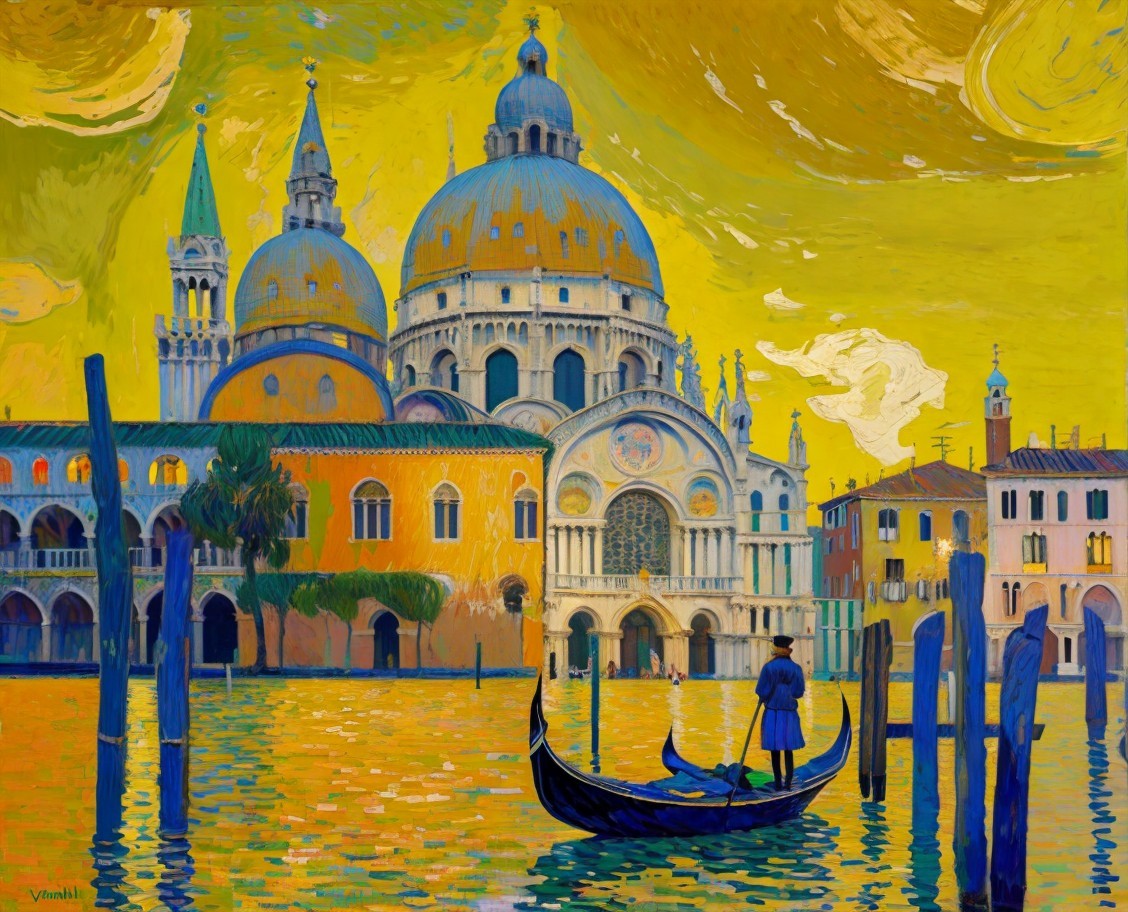 Vibrant Venice Scene with Gondolier and Golden Sky
