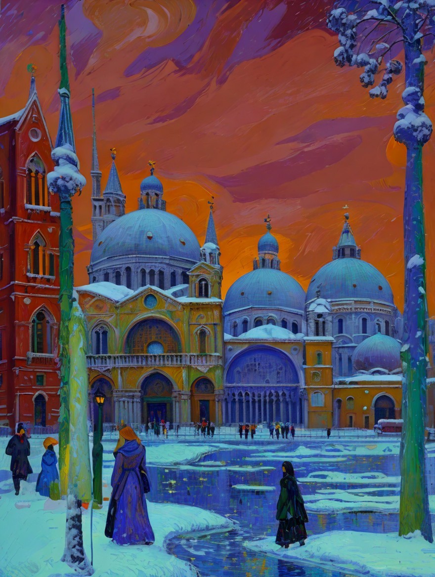 Vibrant winter cityscape with snow and sunset colors