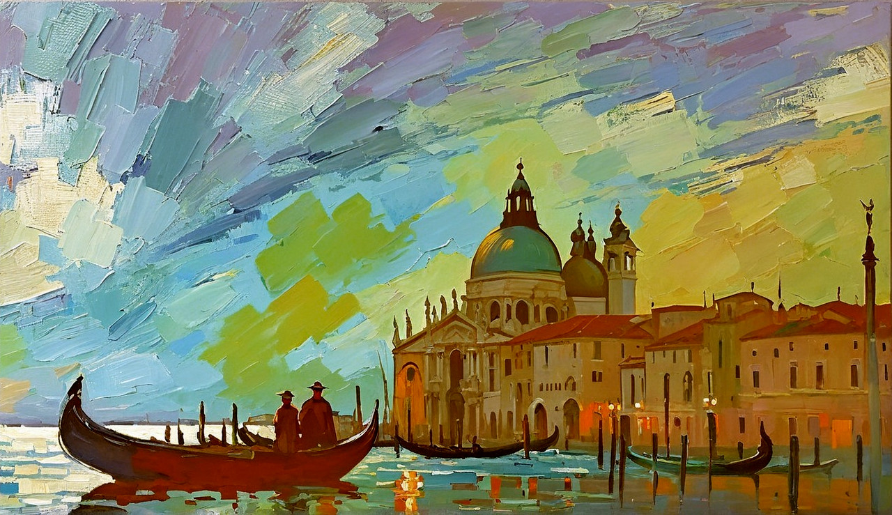 Vibrant Oil Painting of Venice Skyline at Dusk