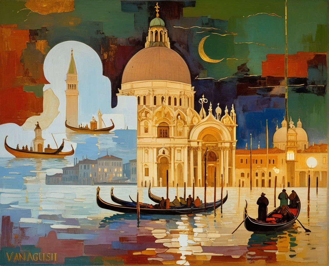 Colorful Painting of Venice with Gondolas and Moonlight