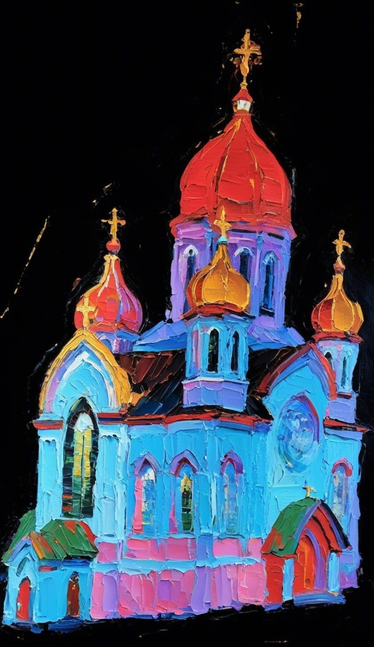 Vibrant Impressionistic Church with Ornate Domes
