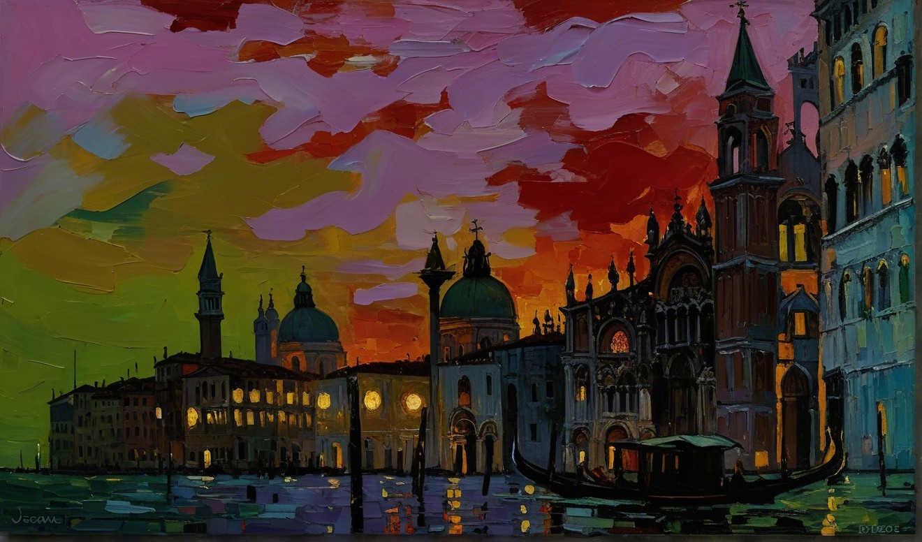 Vibrant Sunset Over Venetian Landscape with Gondola