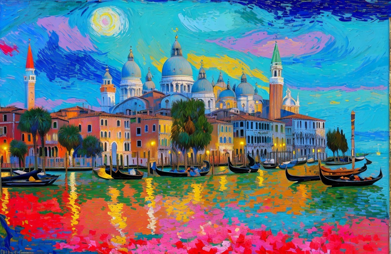 Vibrant Painting of Scenic Venice with Gondolas and Skies
