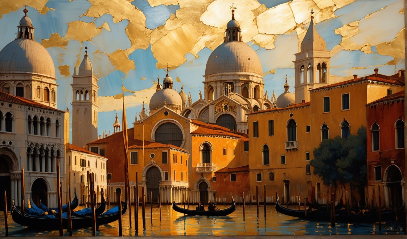Venetian Sunset with Gondolas and Domed Architecture