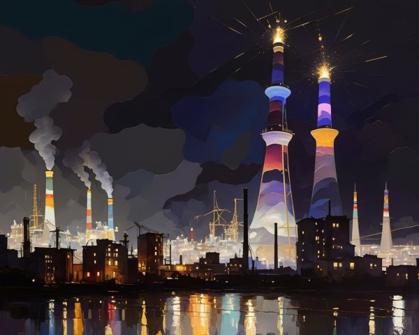 Vibrant Night Scene of Illuminated Smokestacks and Water