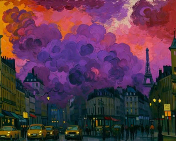 Vibrant Sunset Over Parisian Street with Eiffel Tower
