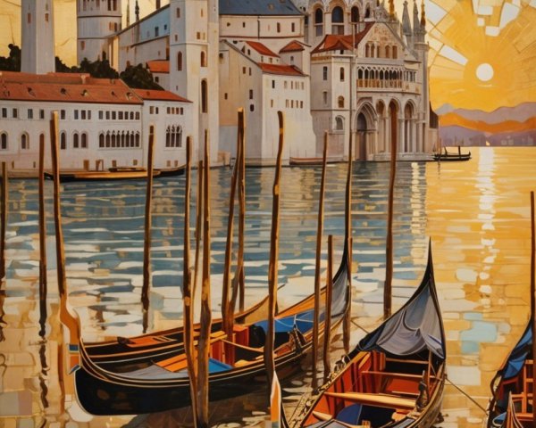 Stylized Venetian Landscape at Sunset with Gondolas