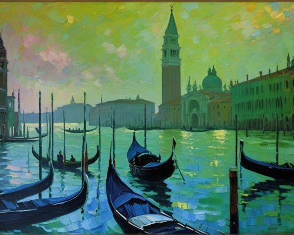 Serene Venetian Canal Scene at Dusk with Gondolas