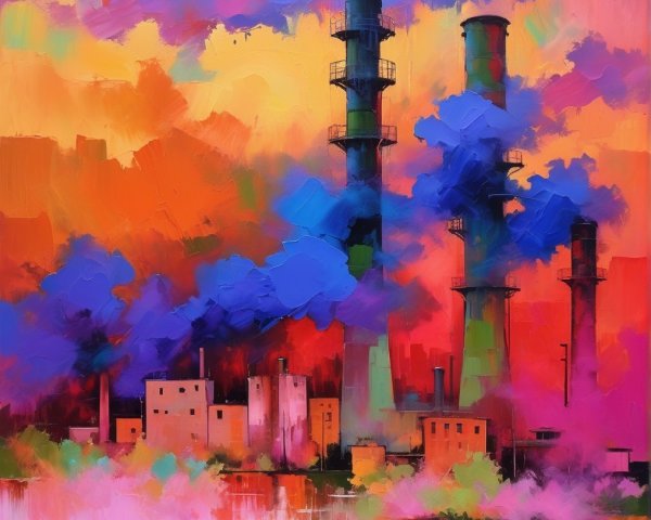 Abstract Industrial Scene with Colorful Smoke and Sunset