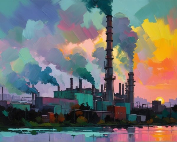 Industrial Landscape at Sunset with Smoky Chimneys