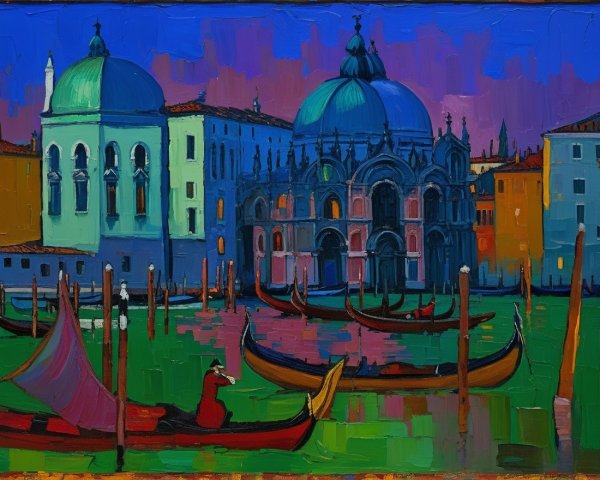 Impressionistic Venetian Scene at Dusk with Gondolas