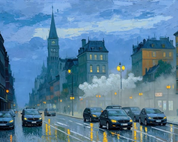 Twilight City Scene with Cars and Clock Tower