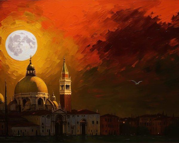 Sunset over Venetian skyline with moonrise and bird