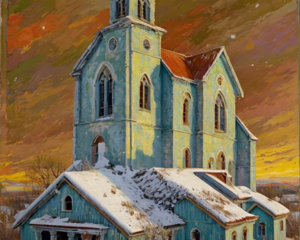 Serene Winter Landscape with Vintage Church and Sunset