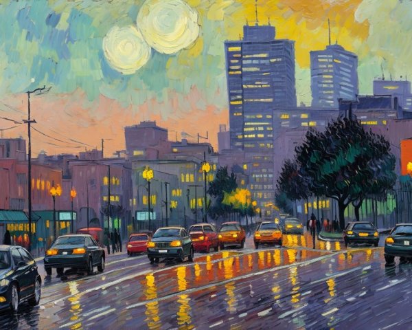 Vibrant Cityscape at Dusk with Colorful Reflections