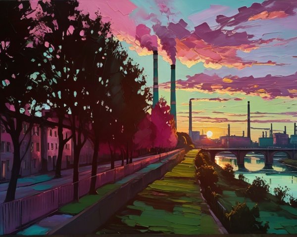 Vibrant Industrial Landscape at Sunset with Riverbank