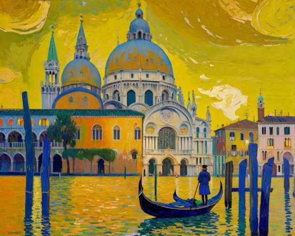 Vibrant Venice Scene with Gondolier and Golden Sky