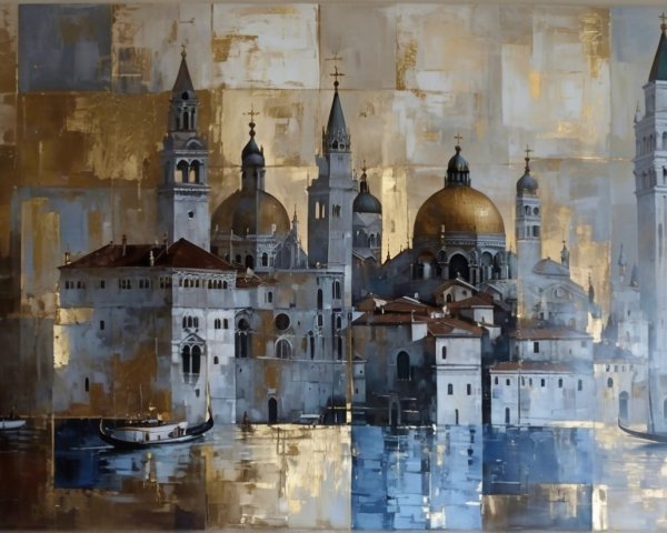 Majestic City View with Gondolas and Golden Sky