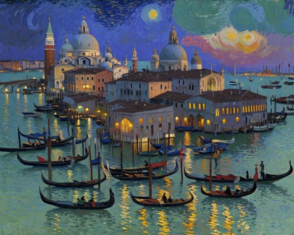 Vibrant Night Scene of Venice with Illuminated Canals