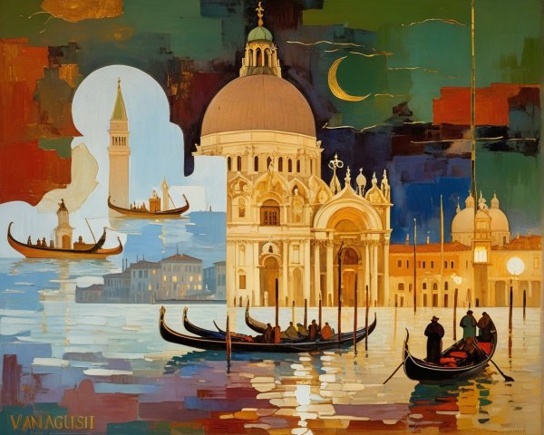 Colorful Painting of Venice with Gondolas and Moonlight