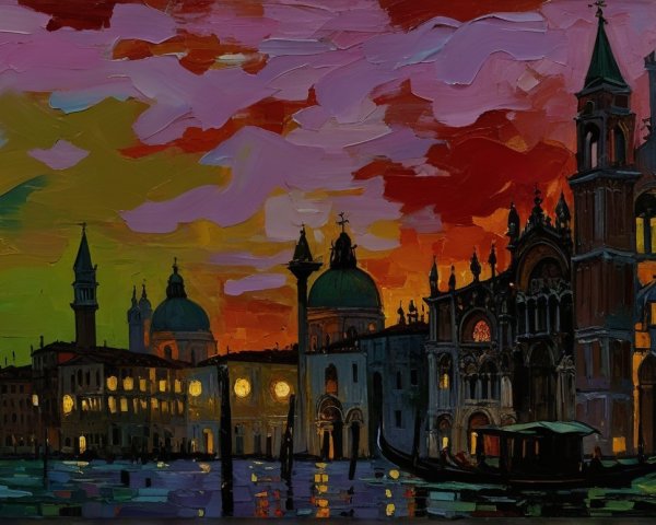 Vibrant Sunset Over Venetian Landscape with Gondola