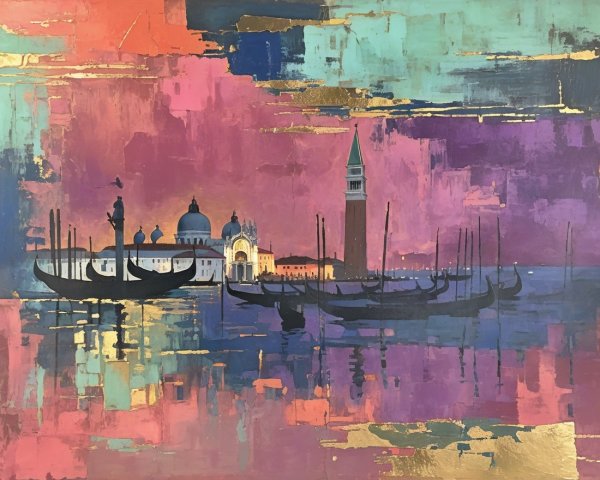 Abstract Venice at Dusk with Gondolas and Colors